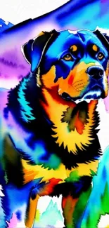 Vibrant watercolor Rottweiler with colorful mountain background.