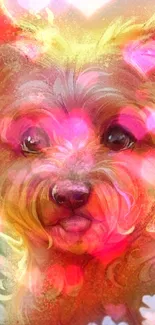 Colorful dog artwork with floral accents and vibrant colors.