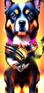 Artistic depiction of a dog with bright colors and digital design.