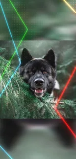 Dog peek through vibrant neon forest wallpaper.