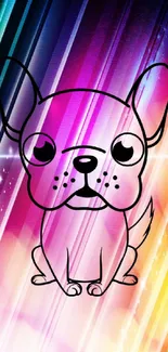 Vibrant cartoon dog on colorful striped background.