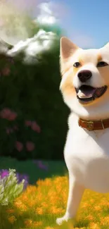 Smiling dog in a sunny, blooming field landscape.