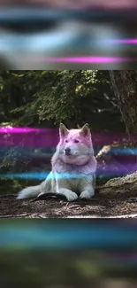 Dog lying in a forest with colorful light streaks in the background.