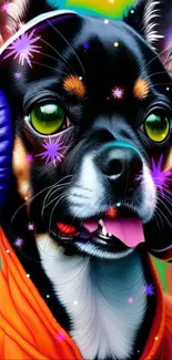 Stylized dog wearing colorful headphones on vibrant background.