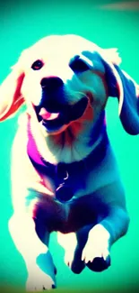 Joyful dog running in vibrant, colorful wallpaper.