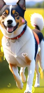 Happy dog running through yellow flower field.