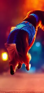 Leaping dog in colorful, vibrant mobile wallpaper.