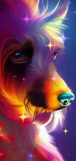 Vibrant digital illustration of a dog in colorful hues against a dark background.