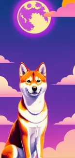 Vibrant shiba inu under a colorful moonlit sky with clouds.