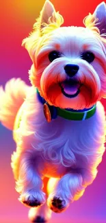 Colorful and vibrant dog in a lively pose on a bright background.