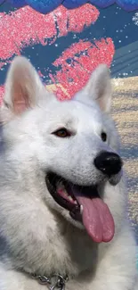 Cheerful white dog with colorful background, perfect for vibrant phone wallpaper.