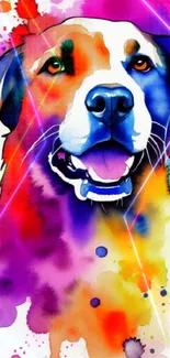 Vibrant watercolor dog artwork in a splash of colors on mobile wallpaper.