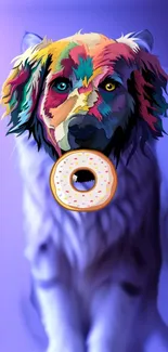 Vibrant abstract dog holding a donut on a purple background.