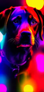 Vibrant dog with neon bokeh lights background.