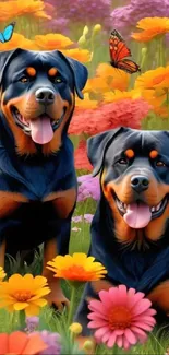 Happy dogs in a colorful floral garden with butterflies.