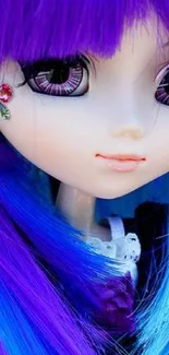 Doll with vibrant purple and blue hair in close-up view for mobile wallpaper.