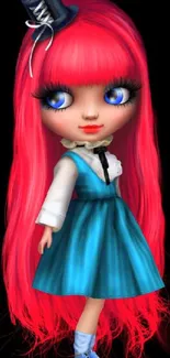 Whimsical doll with pink hair wearing a blue dress on a black background.