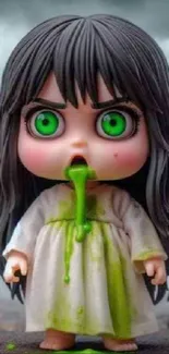 Spooky doll with green eyes and dark hair.