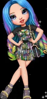 Doll with vibrant hair in a sequined outfit on a black background.