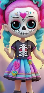 Vibrant cartoon doll with candy skulls and colorful attire.