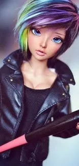 Vibrant doll with rainbow hair and leather jacket, holding a bat.