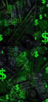 Dark money wallpaper with glowing green dollar signs.