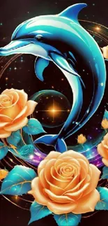 Dolphin surrounded by orange roses and fantasy elements.