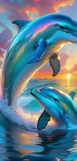 Two dolphins jumping in a vibrant ocean sunset with colorful waves.