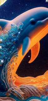 Artistic fantasy wallpaper with a vibrant dolphin under a starry sky.