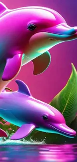 Vibrant wallpaper with neon pink dolphins.