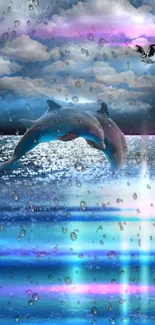 Fantasy wallpaper with a leaping dolphin over a blue ocean and colorful sky.