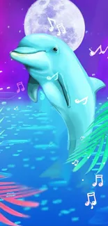 Dolphin under moonlight with colorful leaves and musical notes.