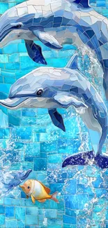 Mosaic dolphins and fish in vibrant ocean art.