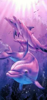 Dolphins swimming in vibrant purple ocean scene.