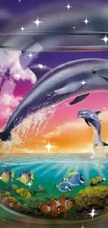 Dolphin jumping from a fishbowl into a colorful sunset with ocean life.