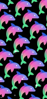 Vibrant neon dolphin pattern wallpaper.