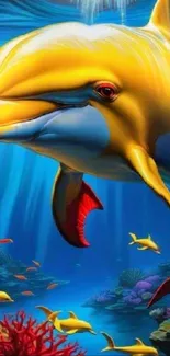 Yellow dolphin against vibrant blue underwater scene with corals.