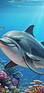 Colorful underwater scene with a dolphin and coral reefs.