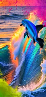 Vibrant dolphin jumps through colorful ocean waves at sunset.