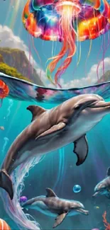 Colorful dolphins with jellyfish in a vibrant ocean art scene.