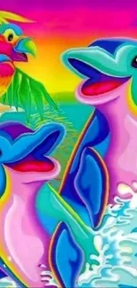 Vibrant artwork with dolphins and a parrot.