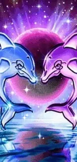 Colorful dolphins in a cosmic fantasy setting wallpaper.