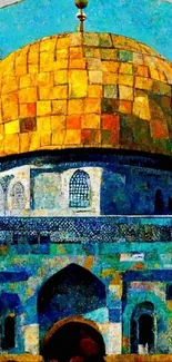 Artistic depiction of Dome of the Rock with vibrant colors on a phone wallpaper.