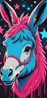 Vibrant donkey art wallpaper with stars in pink and blue.