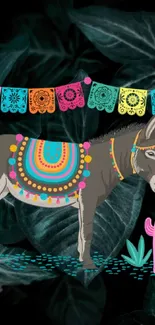 Colorful fiesta-themed wallpaper with donkey and decorations on a teal background.