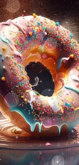 Vibrant donut with colorful icing and sprinkles on a dark background.