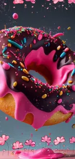 Colorful donut with pink and chocolate icing, and sprinkles on a vibrant background.