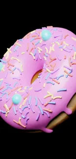 3D colorful donut with pink glaze and sprinkles.