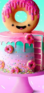 Colorful donut cake with sprinkles on a vibrant pink background.