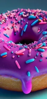 Purple glazed donut with colorful sprinkles on a teal background.